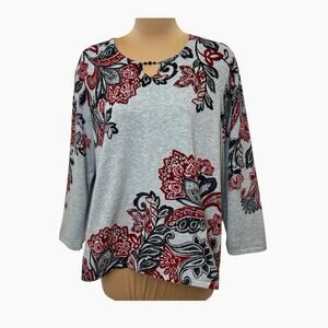 Alfred Dunner Paisley Sweater Size XL Gray Red Floral Cotton Soft Comfort Cozy